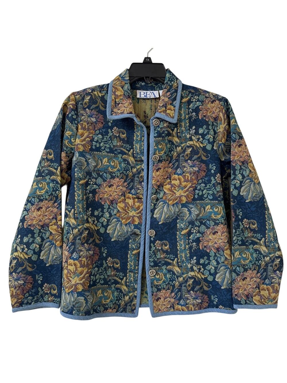 BFA Classics Size Medium 55% Cotton, Tapestry, Blue Floral Button Up Jacket
